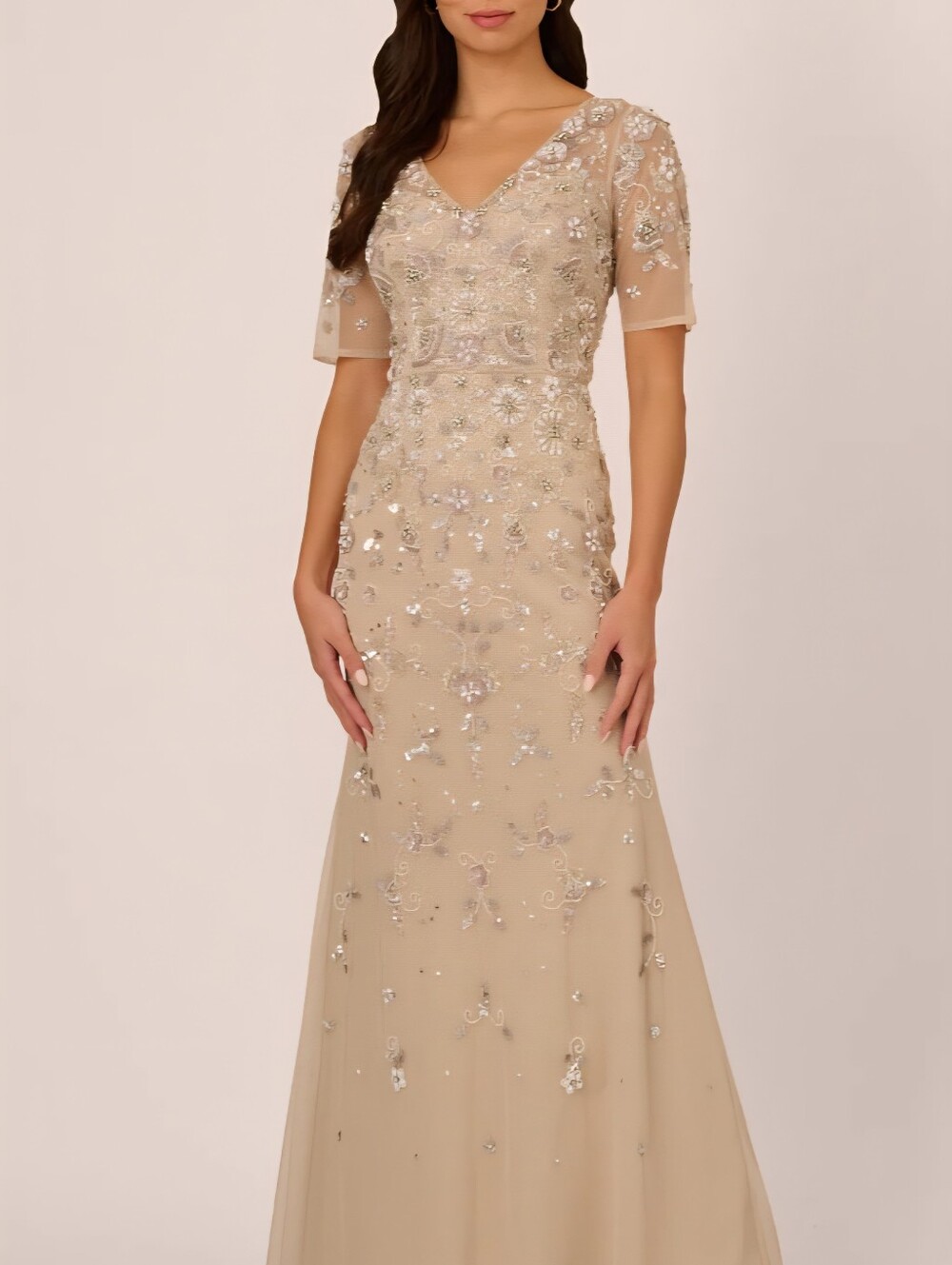 Adrianna Papell Champagne Beaded V-Neck Maxi Dress